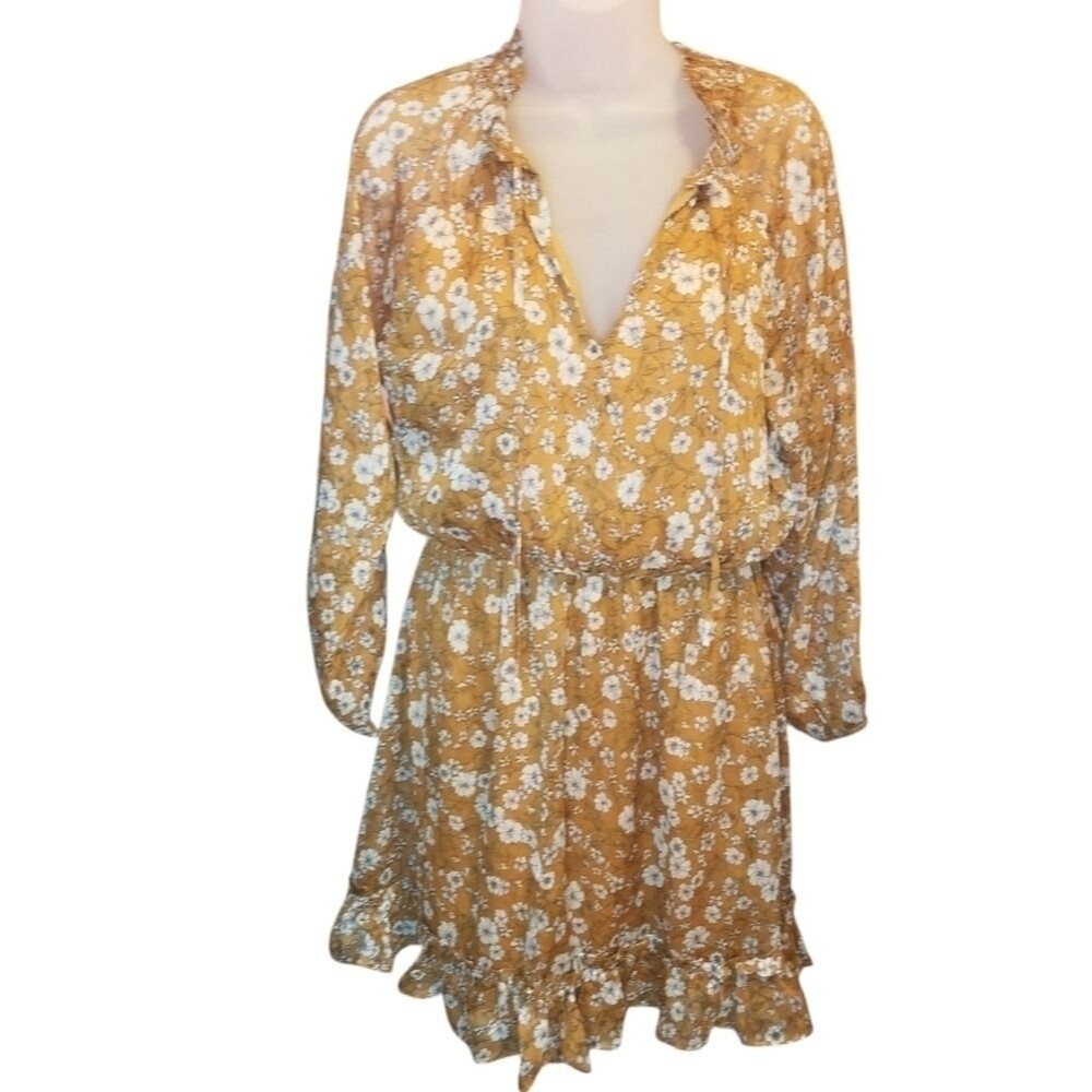 NWT Ryan Michelle Mustard Yellow Boho Floral Mini Dress Long Sleeve Size M